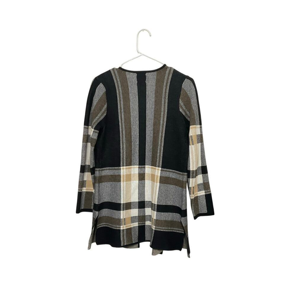 Anne Klein Plaid Open Front Knit Sweater Cardigan Side Slits Size Medium Jacket - Picture 2 of 8